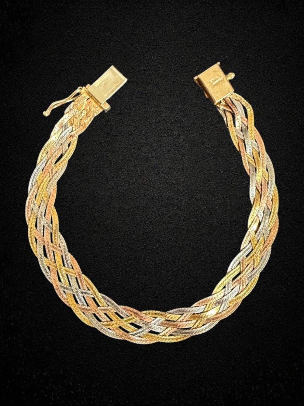 Vintage 80s Italian Solid 14KT Tri-Color Gold 7.25" Braided Bracelet 7.2g